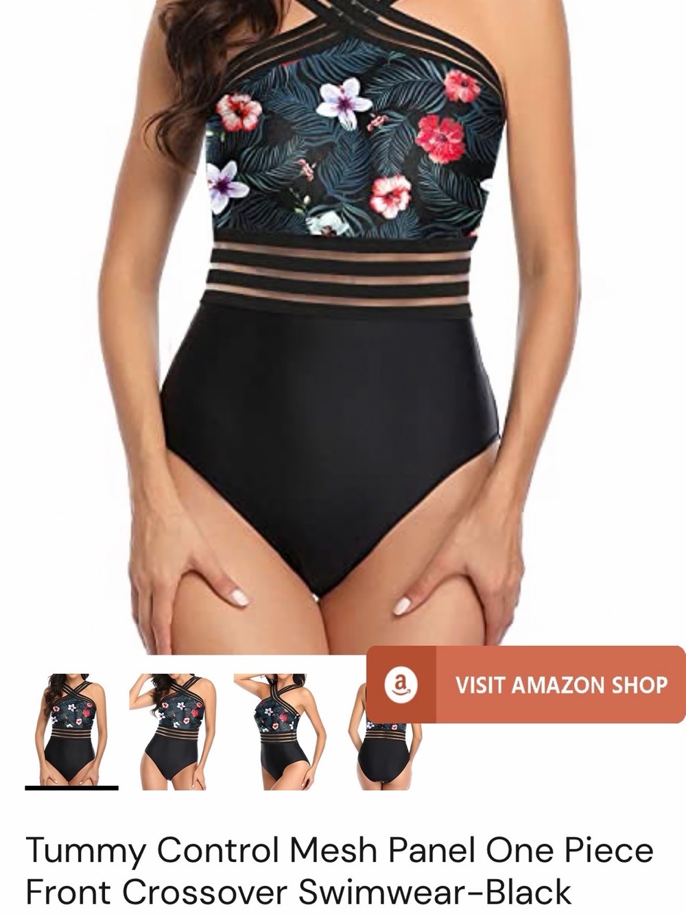 Tempt Me Black One-Piece Swimsuit with Orange Floral Bust and Mesh Waist Panels